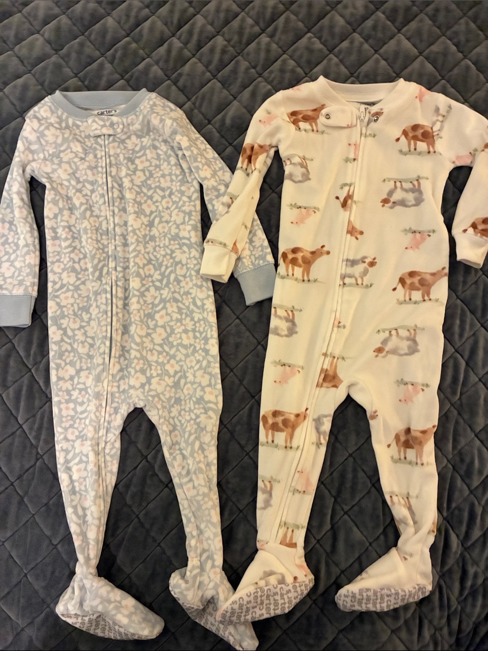 Carter's Light Blue Floral & Cream Farm Animal Footed One-Pieces (2 Pack)